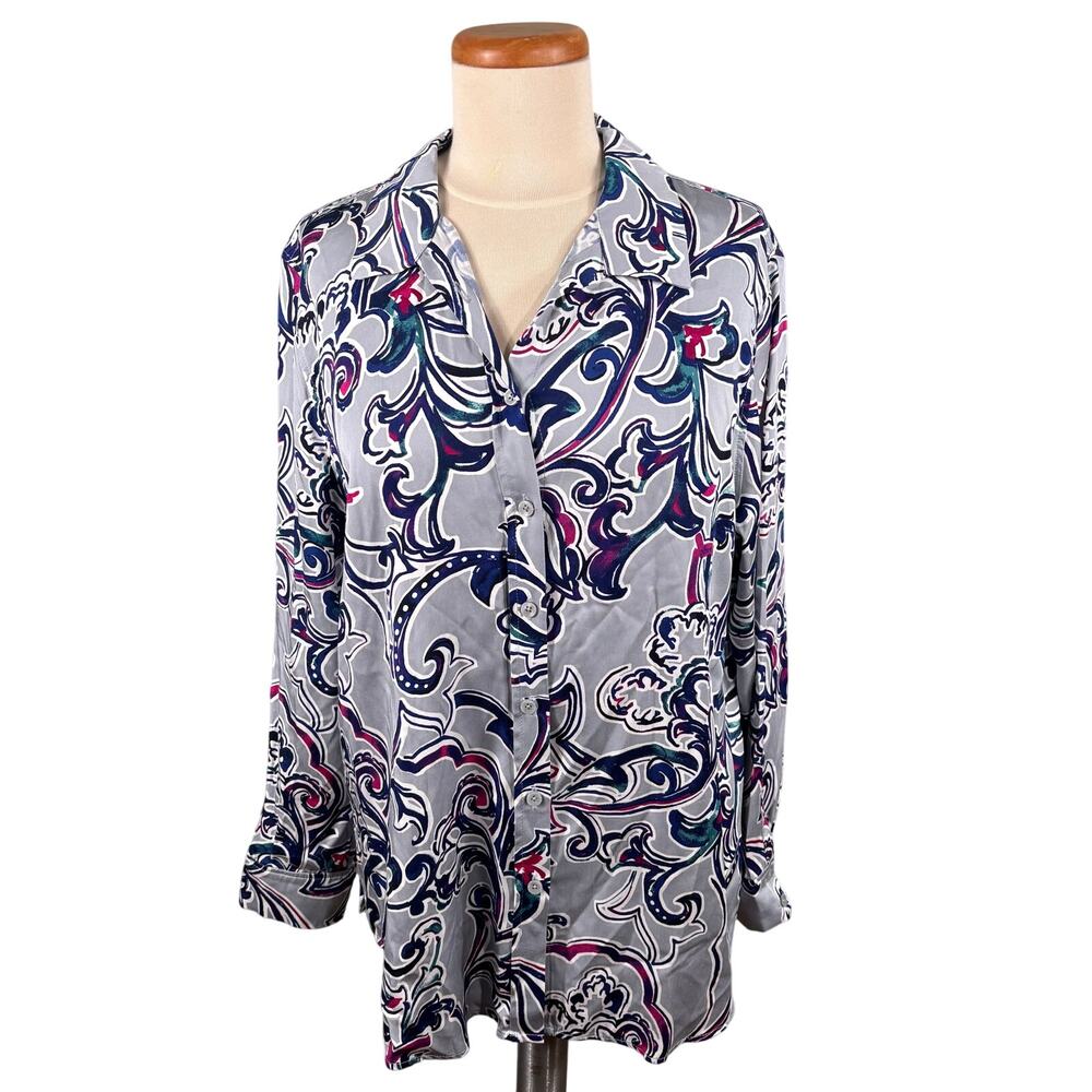 Chico's Long Sleeve Shirt‎ Women's Size 2 Large Satin Sand Wash Casual Button Up